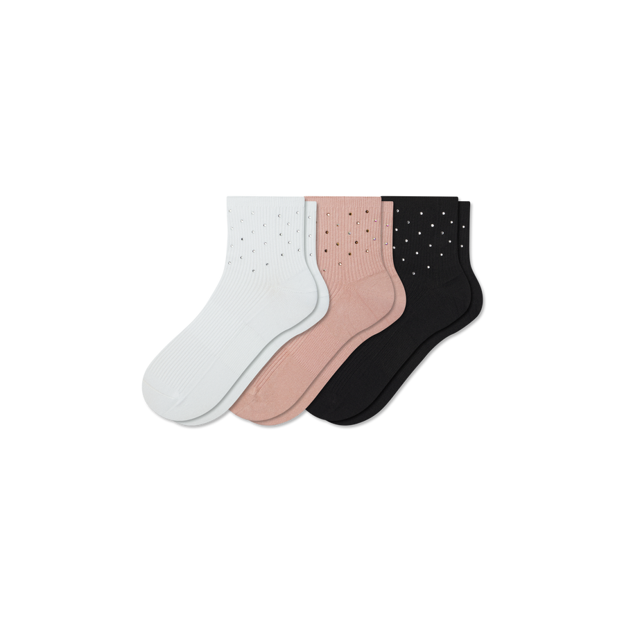 Women’s Rhinestone Rib Quarter Sock 3-Pack - Classic No Show Step