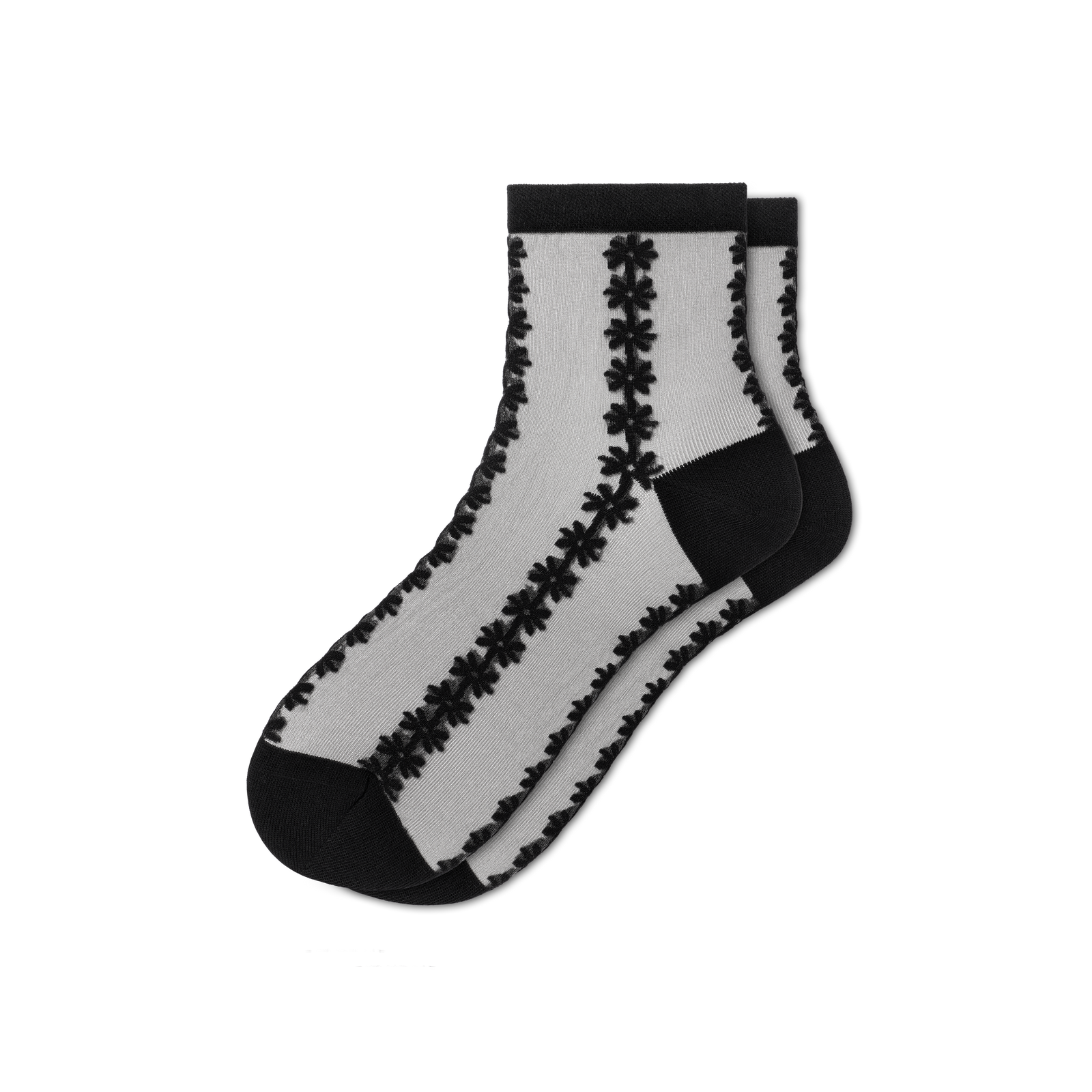 Sheer Quarter Socks - Black Floral L [11329]