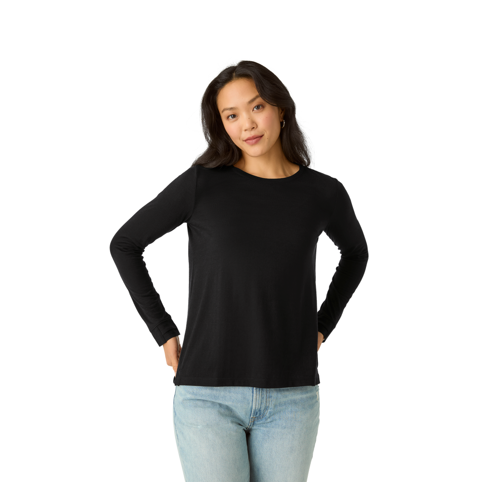Merino Wool Blend Crew Neck Long Sleeve T-Shirt - Black WO4 [7056]