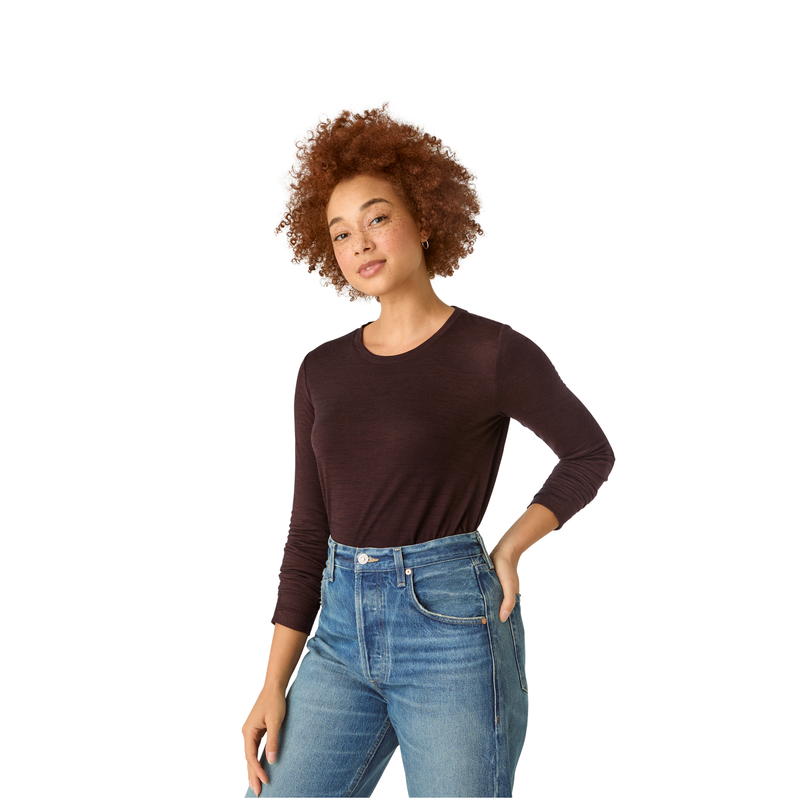 Merino Wool Blend Crew Neck Long Sleeve T-Shirt - Dark Cocoa WO2 [7056]