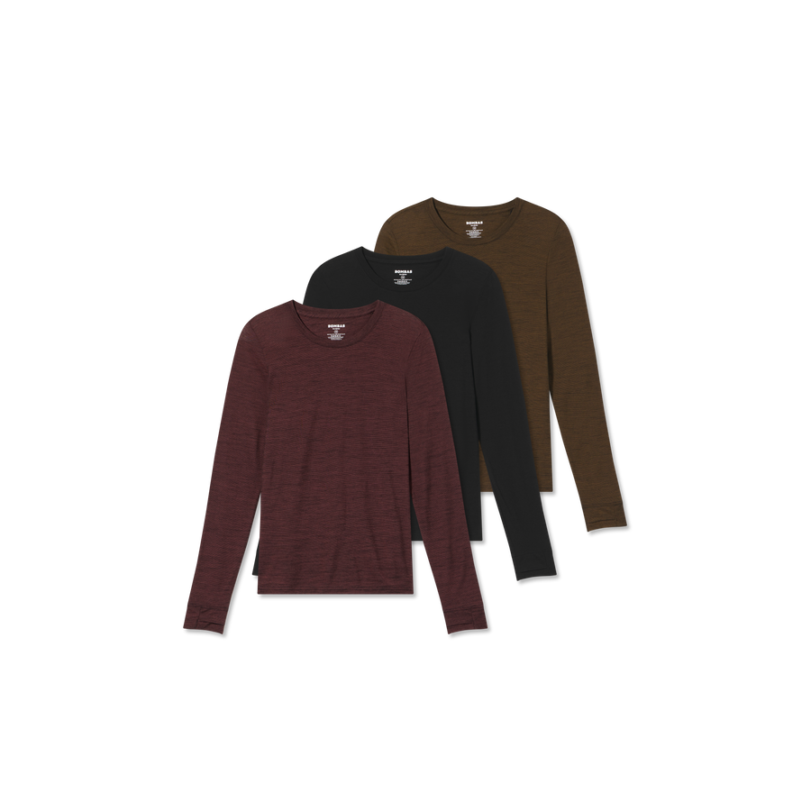 Women's Merino Wool Blend Crew Neck Long Sleeve T-Shirt 3-Pack - Dynamic Daily Control